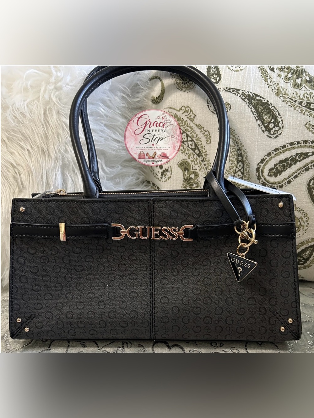 NWT GUESS Georgia Monogram Lg Girlfriend, Black Satchel with Gold Logo Hardware